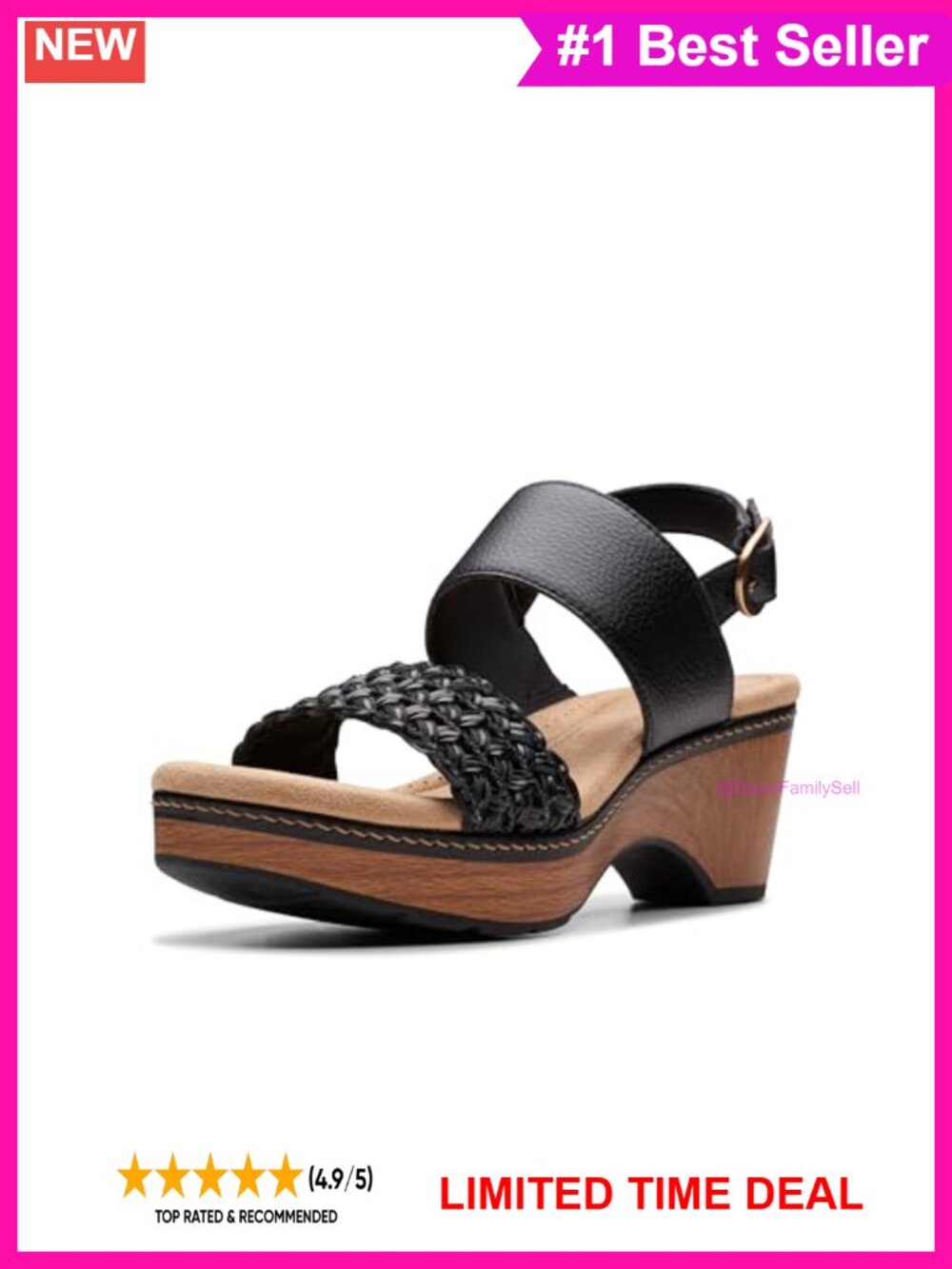 Clarks Seannah Step Black Leather Wedge Slingback Sandal